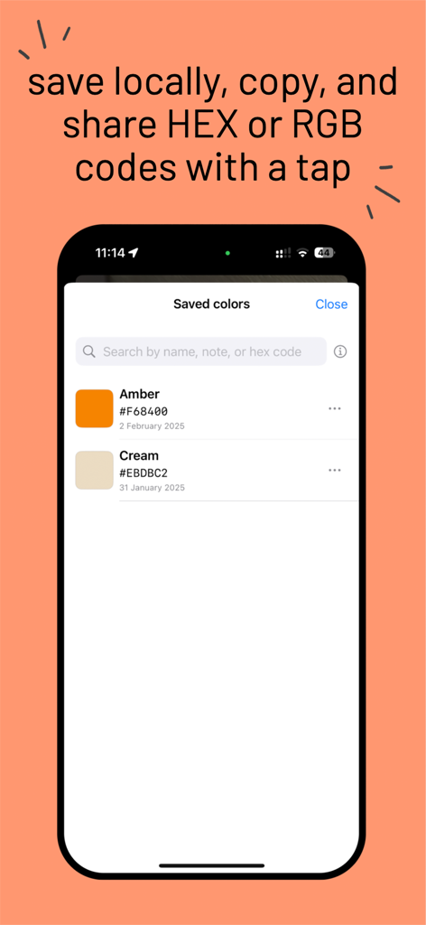Oberfläche, die gespeicherte Farben mit Hex-Codes und Namen in der Spectrum-App anzeigt
