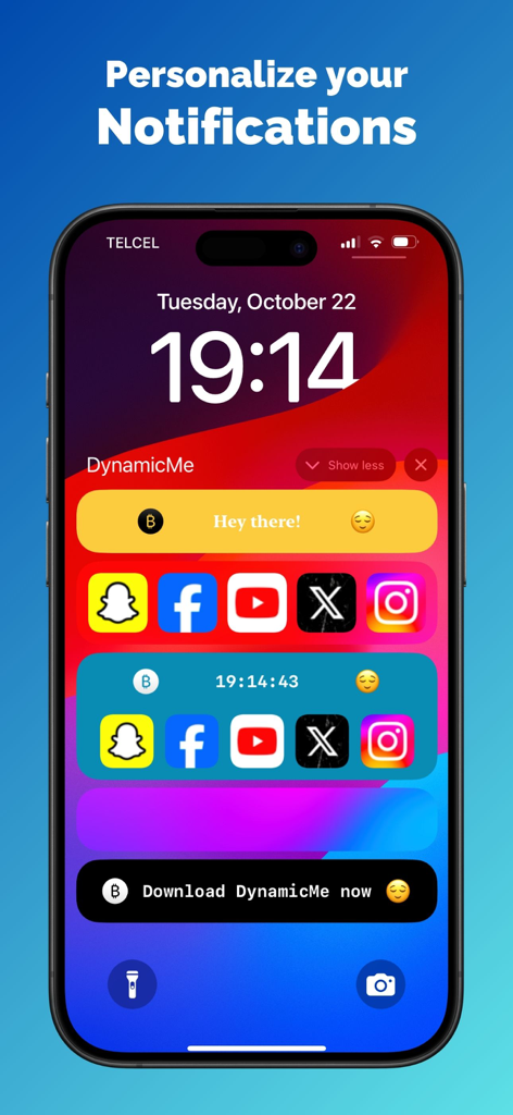 DynamicMe - 개인화된 색상 알림 및 앱 바로가기 독이 있는 아이폰 잠금 화면