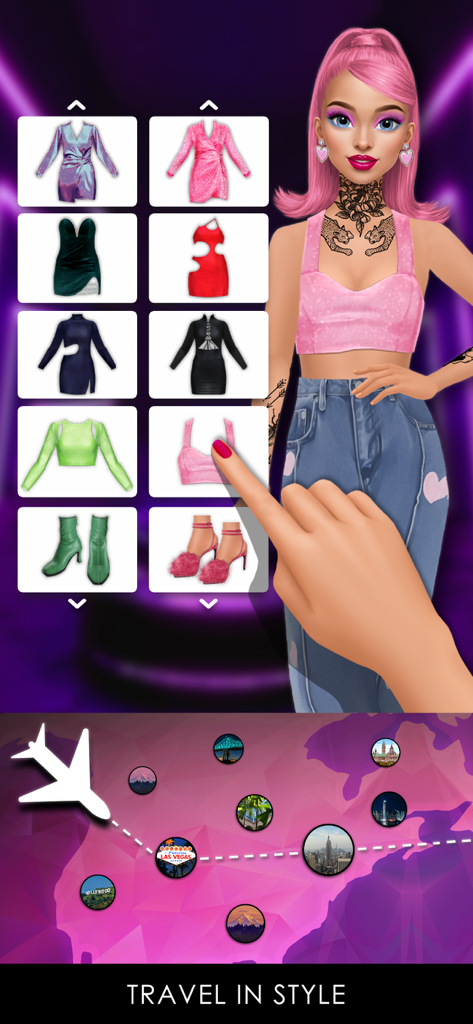 GLAMM’D - Fashion Game - A pink-haired virtual model being styled with a selection of trendy clothes and a world map showing fashion travel destinations.