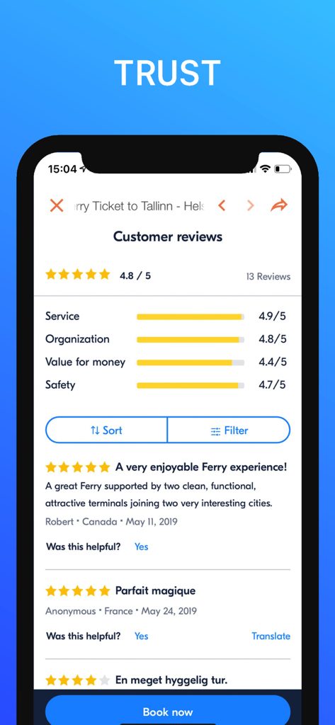 Screenshot showing customer reviews and ratings for travel services in the Helsinki Travel Guide app.
