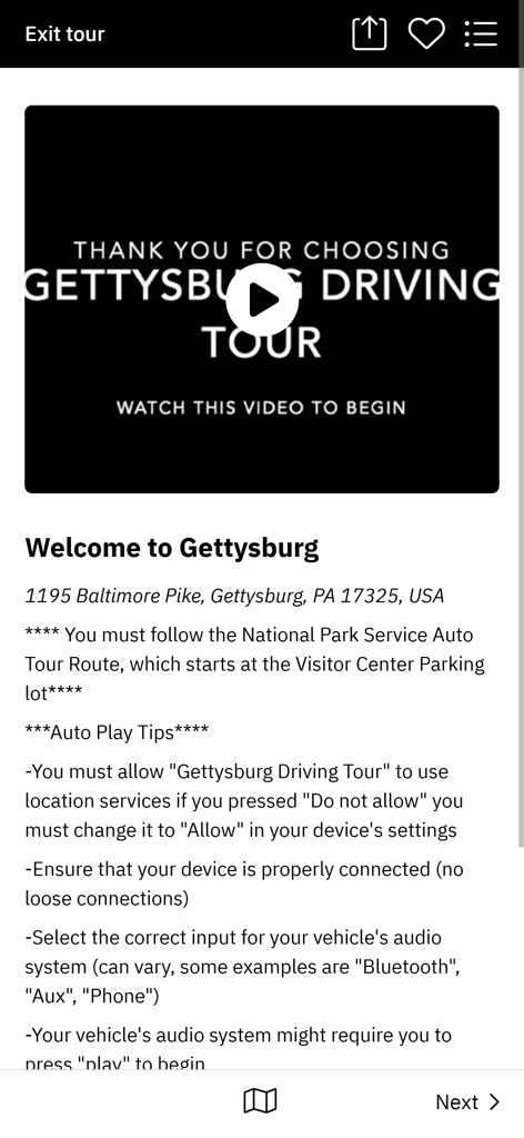 Welcome screen of the Gettysburg Driving Tour app showing an introductory video and auto play instructions for the tour.