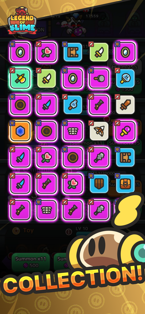 Legend of Slime: Idle RPG - Uma tela de coleção no jogo mostrando vários ícones de armas e equipamentos com um personagem slime fofo
