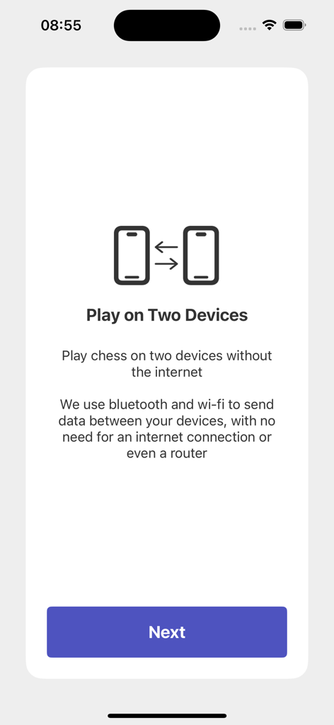 Pantalla de incorporación de la aplicación Ajedrez sin conexión explicando cómo jugar en dos dispositivos usando Bluetooth y Wi-Fi sin internet