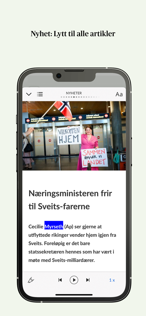 App Aftenposten e-avis che mostra la funzione di lettura audio ad alta voce su un articolo di notizie.