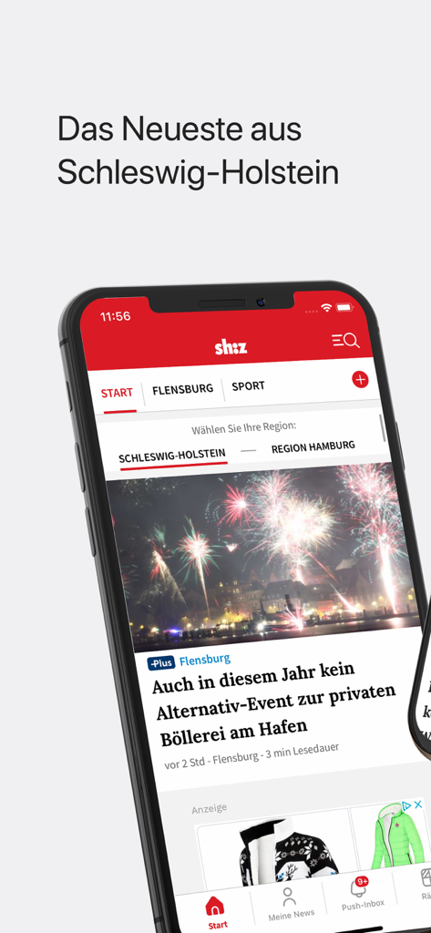 Smartphone-Bildschirm, der die sh:z Nachrichten-App mit lokalen Nachrichten aus Schleswig-Holstein und Flensburg anzeigt