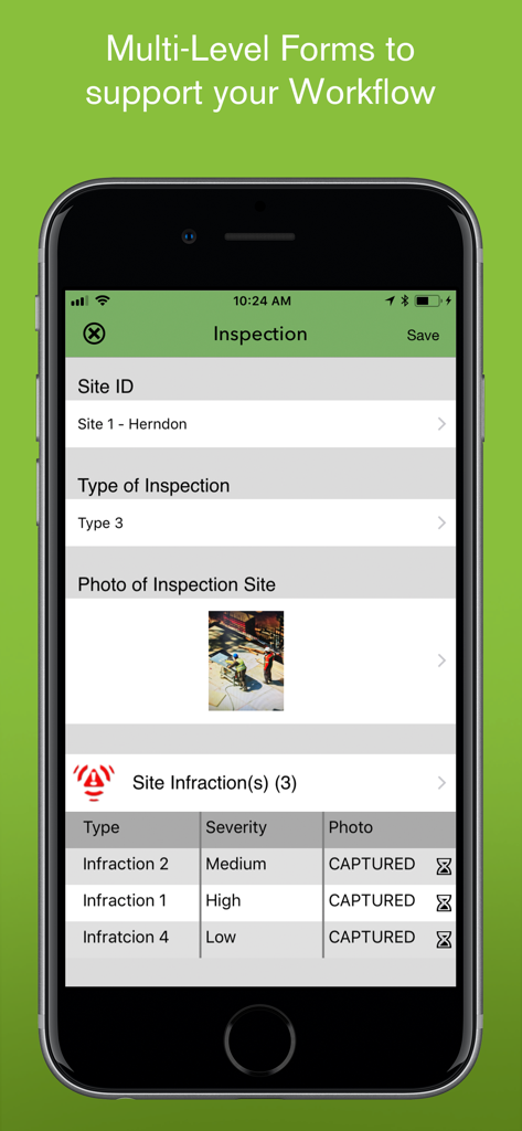 iForm - Smartphone screen displaying the iForm app with a multi-level inspection form including site details, photos, and infraction logs.