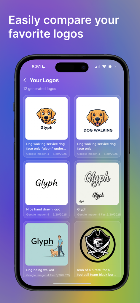 Glyph - AI Logo Generator - Una interfaz móvil de la aplicación Glyph que muestra una galería de logos generados por IA para comparación, incluyendo mascotas y logotipos de texto