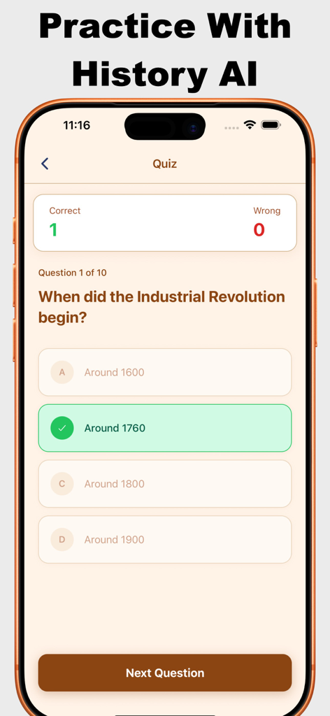 History AI:  Homework Answers - A mobile app interface showing a multiple choice history quiz question about the Industrial Revolution with the correct answer selected