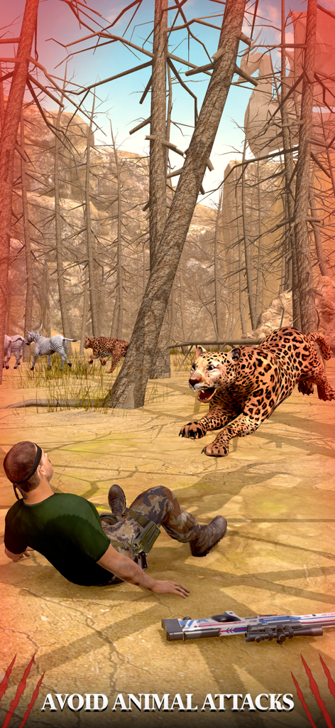 Animal Shooting: Wild Hunter - Un leopardo saltando sobre un cazador en el suelo en el juego Animal Shooting Wild Hunter