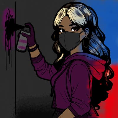 realistic girl with mask spray painting a wall