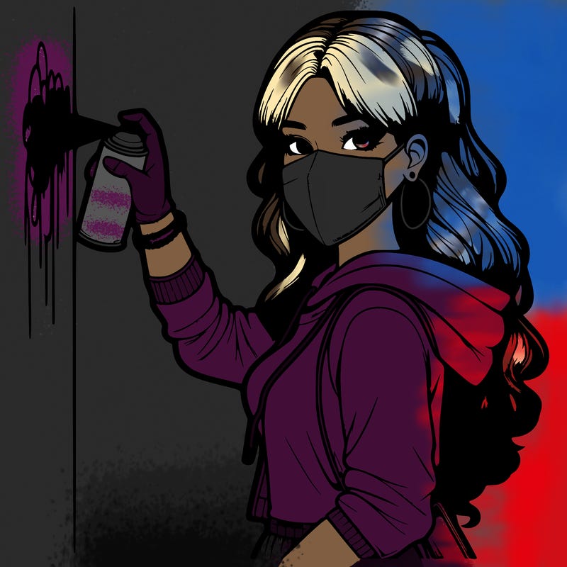 realistic girl with mask spray painting a wall