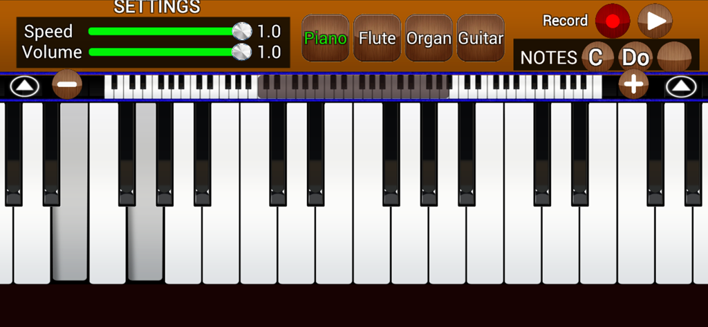 Piano Keyboard App: Play Music - A digital piano keyboard app interface with instrument options and recording settings