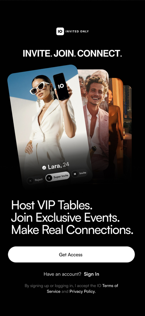 Welcome screen of the Invited Only social app featuring VIP table hosting and exclusive events