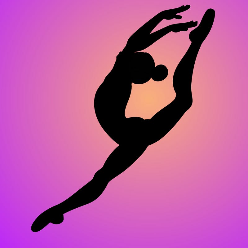 gymnast doing a leap in a leotard with a bent back leg