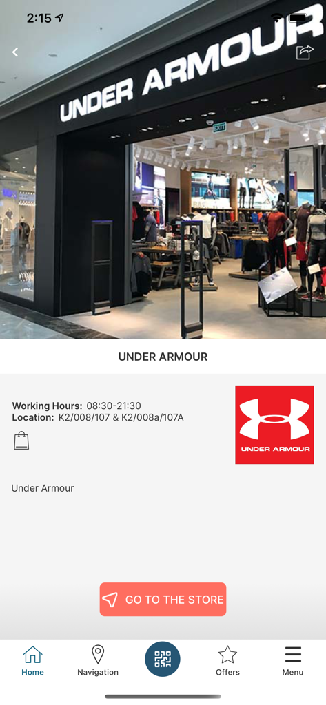 Dettagli del negozio Under Armour e navigazione nell'app Galataport Istanbul.