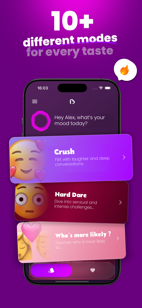 Interface of the Bloomy app displaying various game modes for couples including Crush and Hard Dare