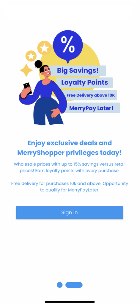 MM Wholesale - MM Wholesale app onboarding screen highlighting benefits like big savings loyalty points and free delivery
