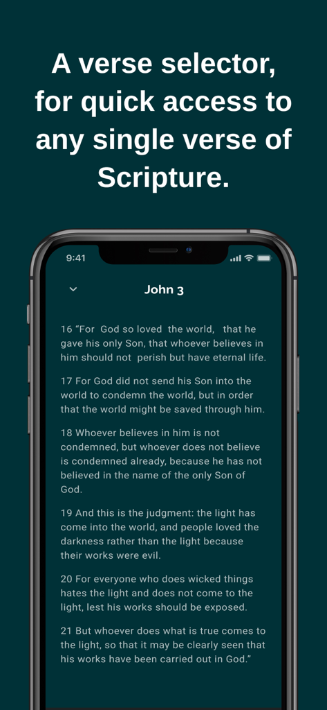 Un smartphone affichant l'application Bible Gédéon montrant des versets de Jean 3 avec un thème sombre et une interface épurée.