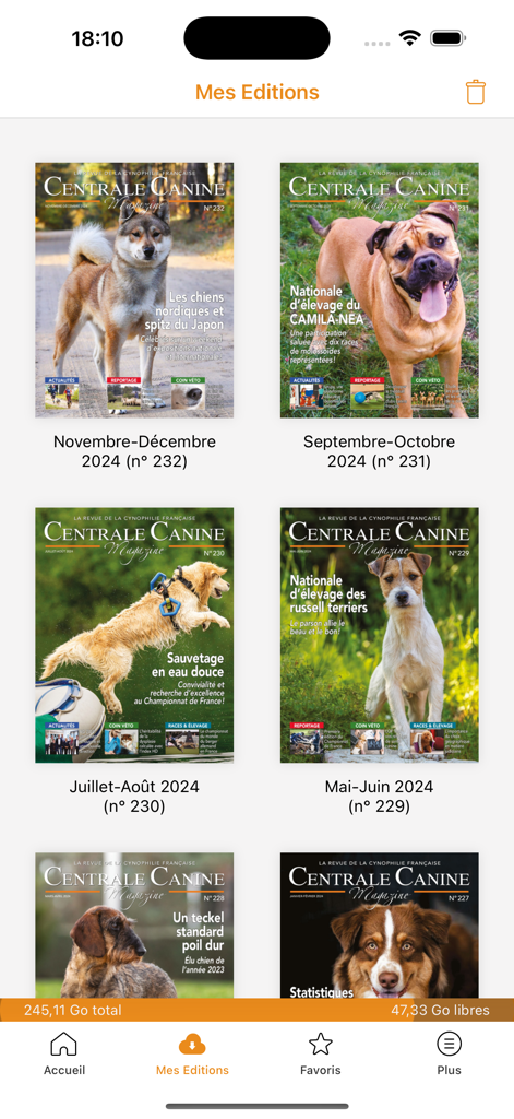 Centrale Canine Mag - Visão da biblioteca digital da Centrale Canine Magazine mostrando várias edições com diferentes raças de cães de pedigree nas capas