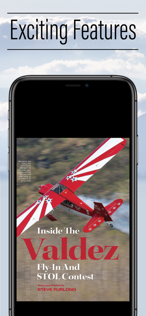 Pantalla de smartphone que muestra un artículo de la revista Plane and Pilot sobre un concurso STOL