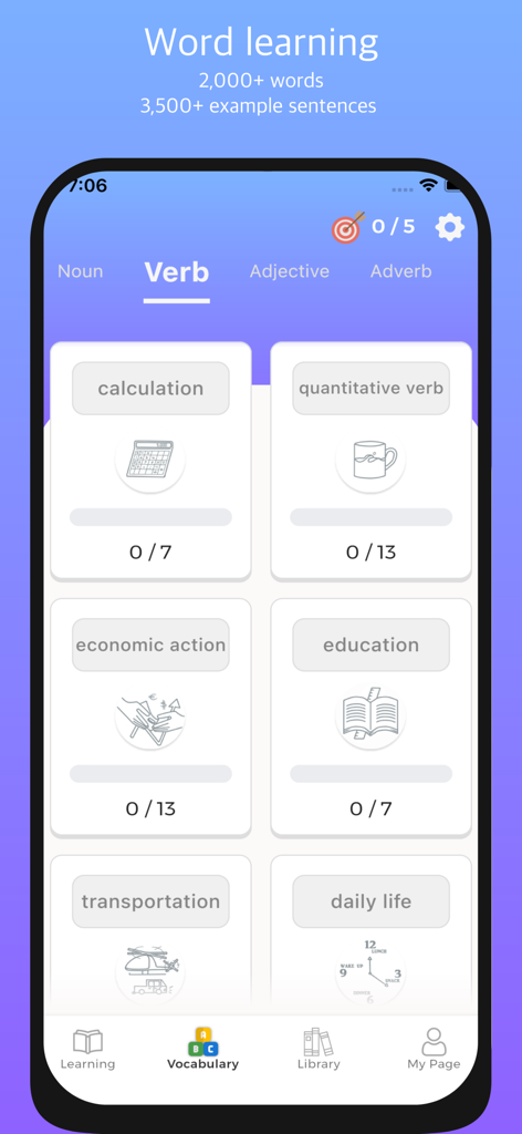 Lingory - Lingory app screenshot showing the word learning section with different Korean verb categories and progress trackers