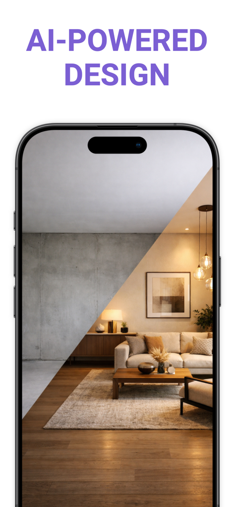 Vista de pantalla dividida de una habitación vacía de concreto transformada en una acogedora sala de estar amueblada usando IA