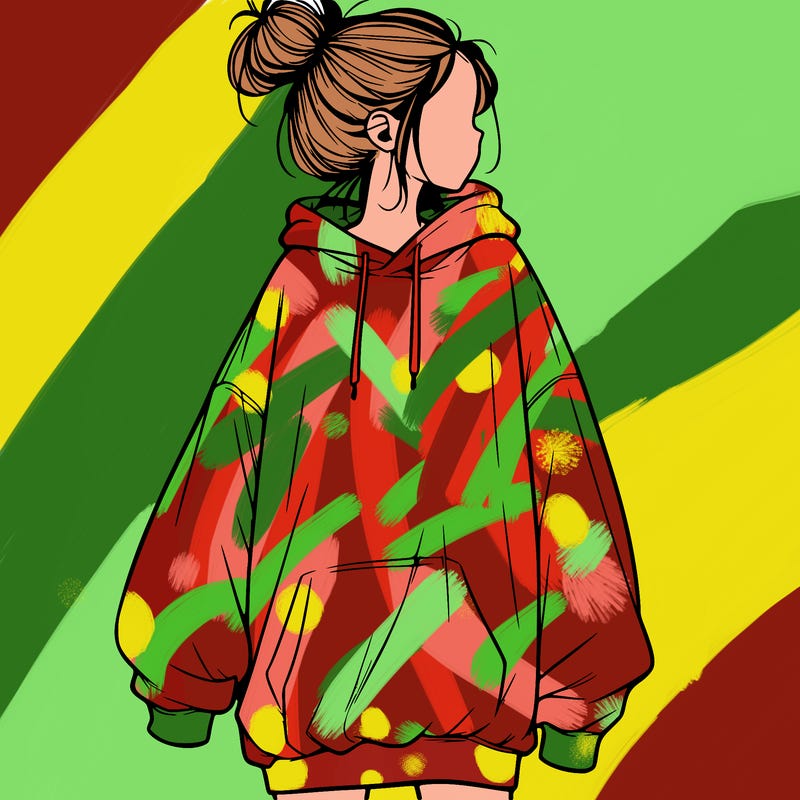 realistic girl with a oversized sweatshirt on and a bun