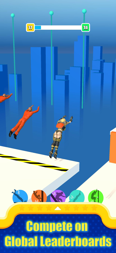 Parkour : Epic Freerunner 3D - 3D characters performing parkour stunts over a city skyline with global leaderboards text