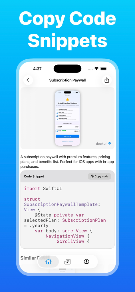 Dock UI: SwiftUI Snippets - Developer Tools App | MWM