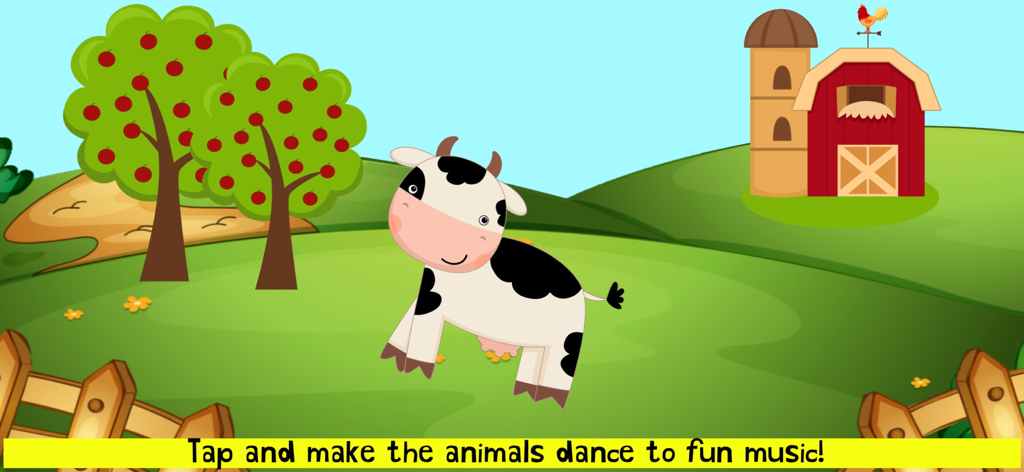 A cartoon cow dancing in a farm field with a red barn and apple trees