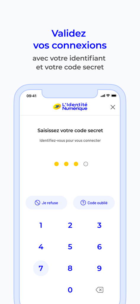 Interface of the L'Identité Numérique La Poste mobile app showing a numeric keypad to enter a secret code for secure authentication.