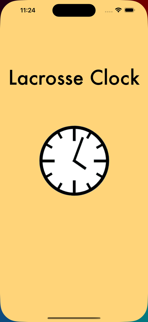 Lacrosse Clock app splash screen featuring the app name and a clock icon on a yellow background
