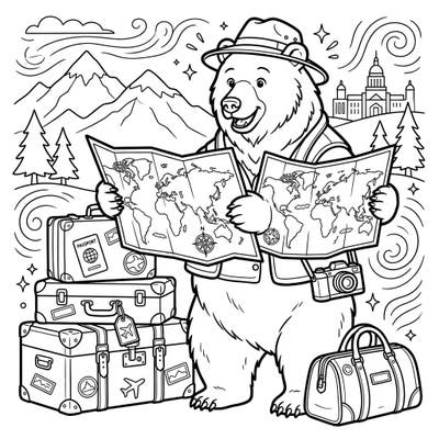 Embark on an imaginative journey with this delightful Kodiak bear, who's all set for an exciting vacation. Featuring maps, luggage, and a camera, this page captures the thrill of travel and discovery.
