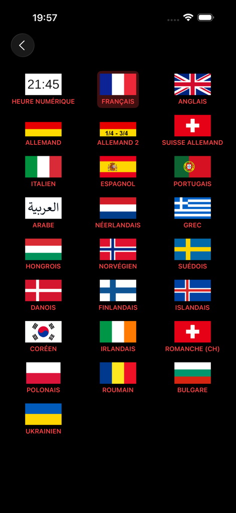 TEAN - Learning Clock - 多言語学習のためのさまざまな国旗が表示された言語選択画面。