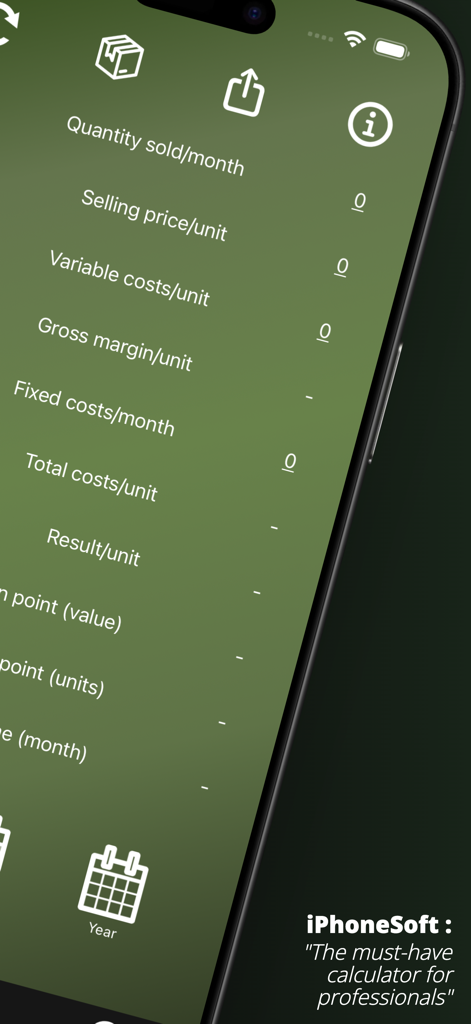 ProCalc.app: Margin, BreakEven - A professional business break-even calculator interface on an iPhone