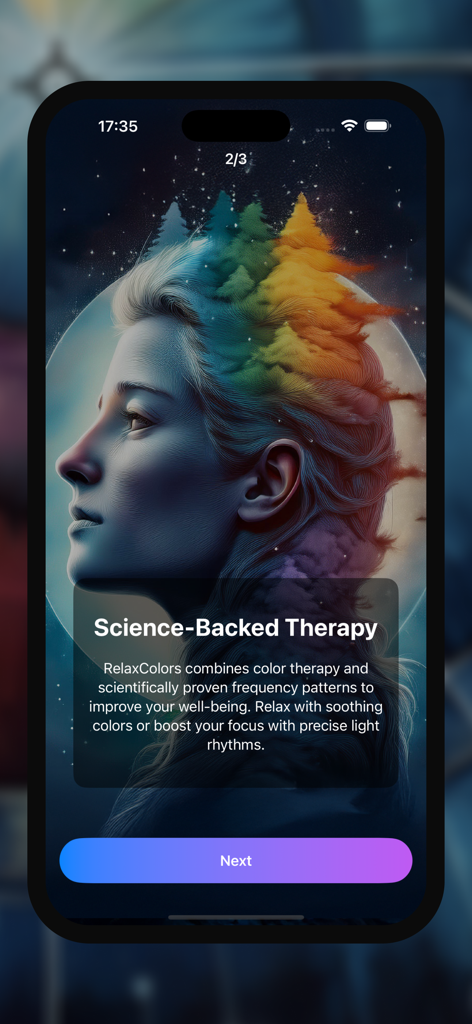 RelaxColors: Light Therapy AI - Pantalla de incorporación de RelaxColors que explica la terapia de luz respaldada por la ciencia con una ilustración artística colorida.