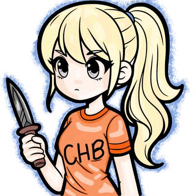 'a girl her hair in a ponytail shes wearing a t-shirt and shes holding a dagger