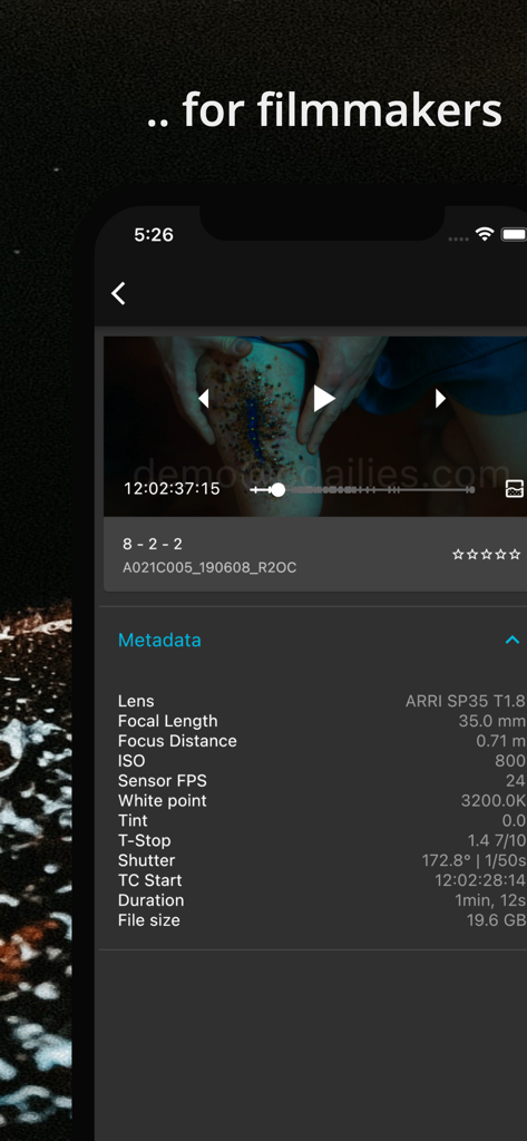 o/DAILIES - Mobile interface of o/DAILIES showing detailed camera metadata and video playback for professional film production
