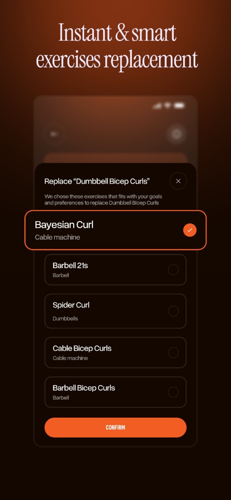 Kaizer: Gym & Fitness Planner - Interfaz de la aplicación Kaizer que muestra la función de reemplazo inteligente de ejercicios para entrenamientos de gimnasio