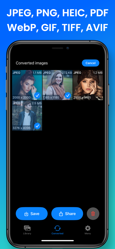 Image Converter & Compressor - App interface showing a list of batch converted images with size and resolution details