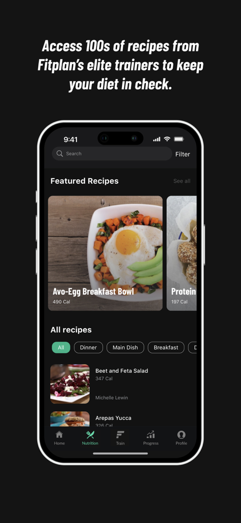 Fitplan app nutrition screen with healthy recipes from elite trainers
