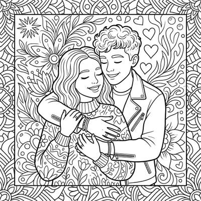 Discover the joy of young love with this beautiful coloring page featuring a teenage couple in a tender embrace. Dive into a world of intricate designs and heartfelt emotions as you bring this romantic scene to life with your favorite colors.