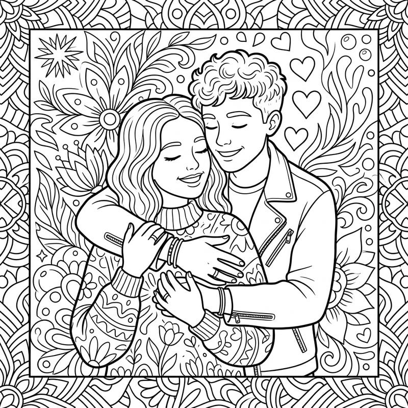 Discover the joy of young love with this beautiful coloring page featuring a teenage couple in a tender embrace. Dive into a world of intricate designs and heartfelt emotions as you bring this romantic scene to life with your favorite colors.