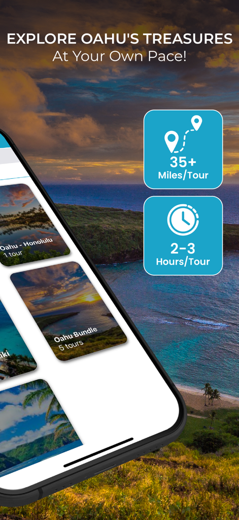 Oahu Grand Circle GPS Guide - オアフ島グランドサークルGPSガイドアプリのインターフェース。ツアー期間と距離のオプションを表示。