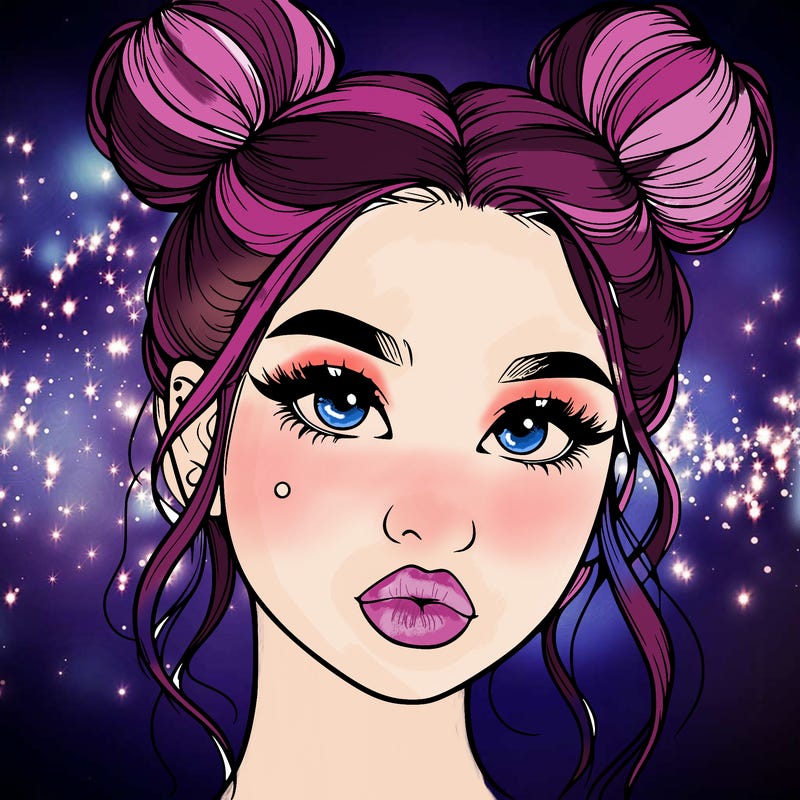 realistic girl with two buns on her hair and lips