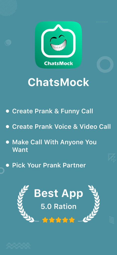 ChatsMock - Écran de l'application ChatsMock listant les fonctionnalités pour créer des appels vocaux et vidéo de farce amusants avec des partenaires personnalisés