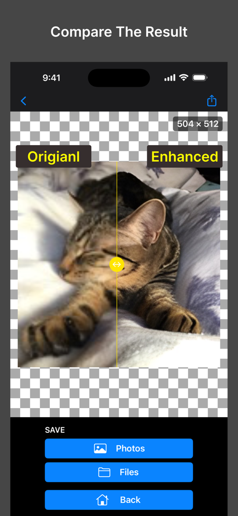Image Super Res - Comparison screen showing a cat photo before and after AI upscaling in the Image Super Res app