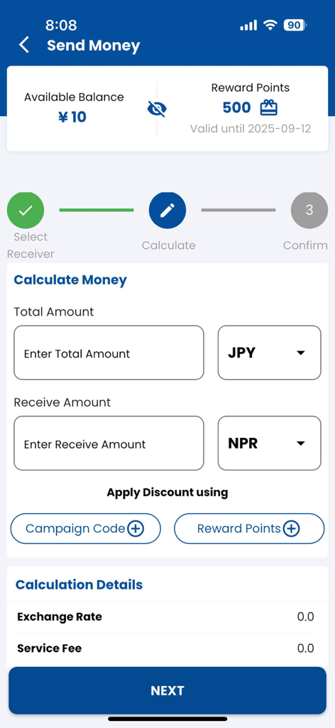 City Express Japan app interface showing the currency calculator for international money transfers from JPY to NPR