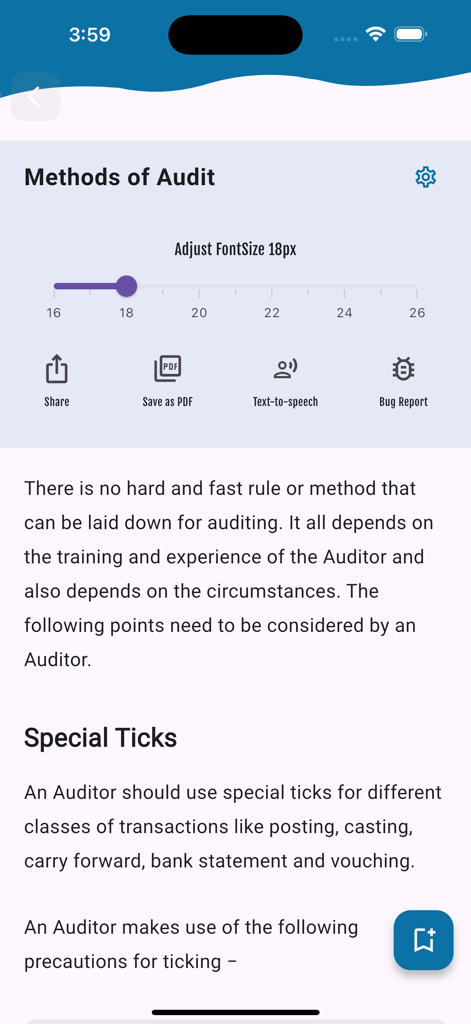 Learn Banking Offline [PRO] - Schermata educativa dall'app Learn Banking che spiega i metodi di audit con funzionalità di accessibilità come testo-voce e regolazione del font.