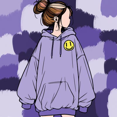 realistic girl with a oversized sweatshirt on and a bun